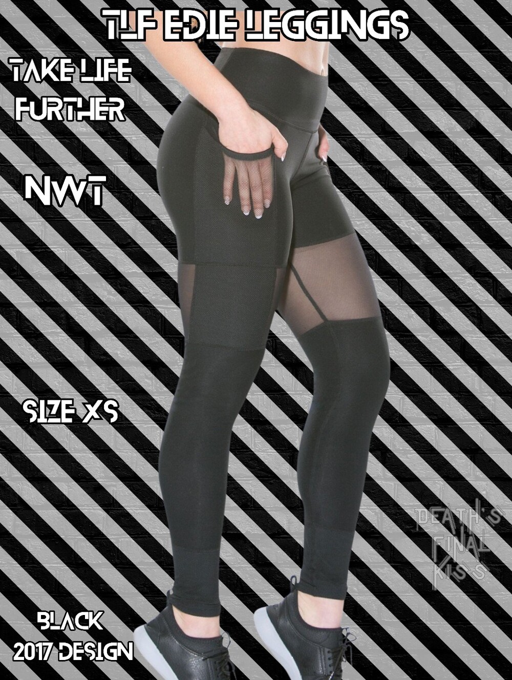 HTF Sexy TLF Take Life Further Edie Leggings Peekaboo Mesh Black Pockets XS